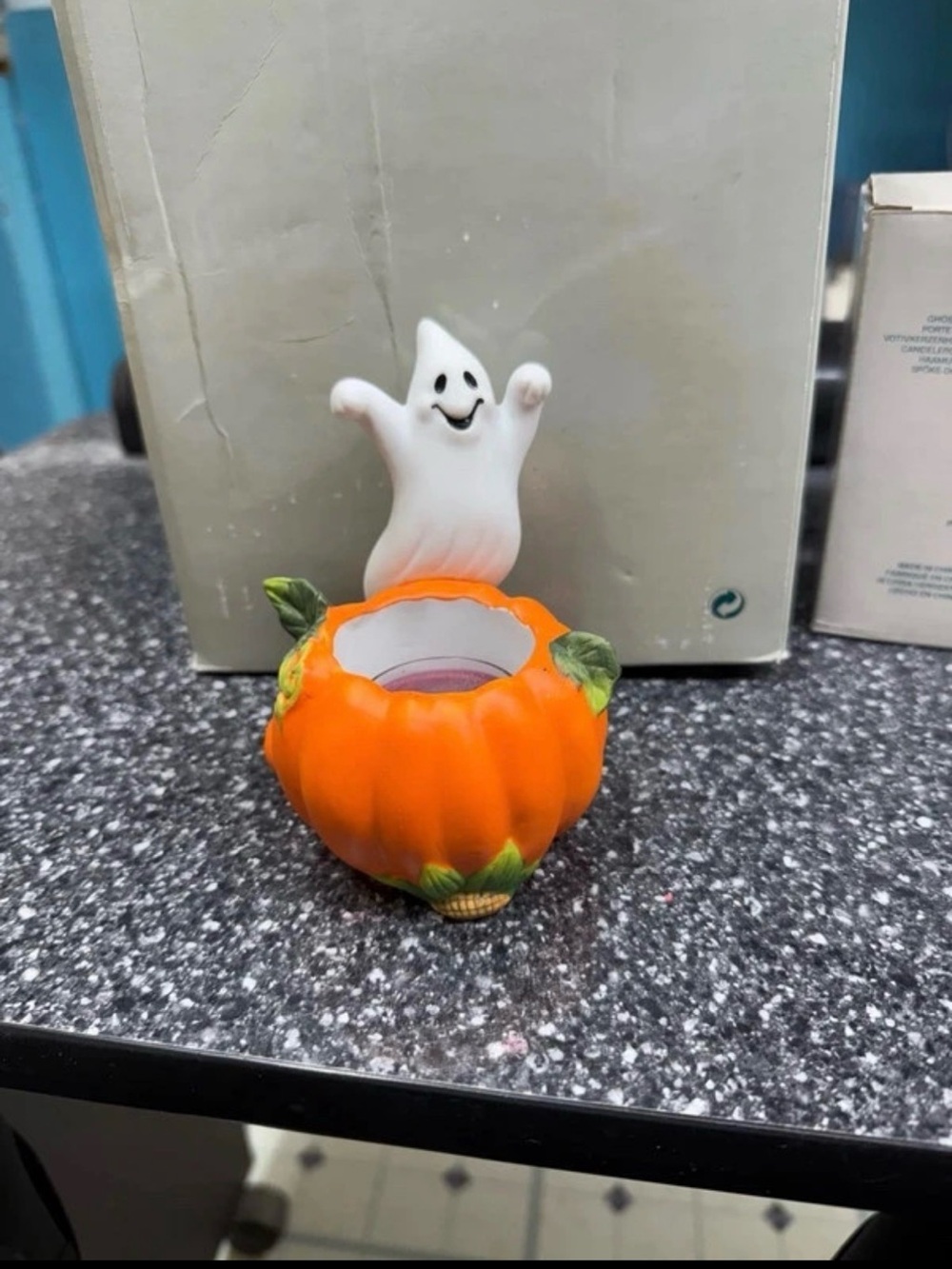PartyLite Orange Pumpkin Tealight Holder with White Smiling Ghost